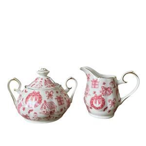 Grace Teaware Christmas Red & White Fine Porcelain Sugar & Creamer Set W/Gold